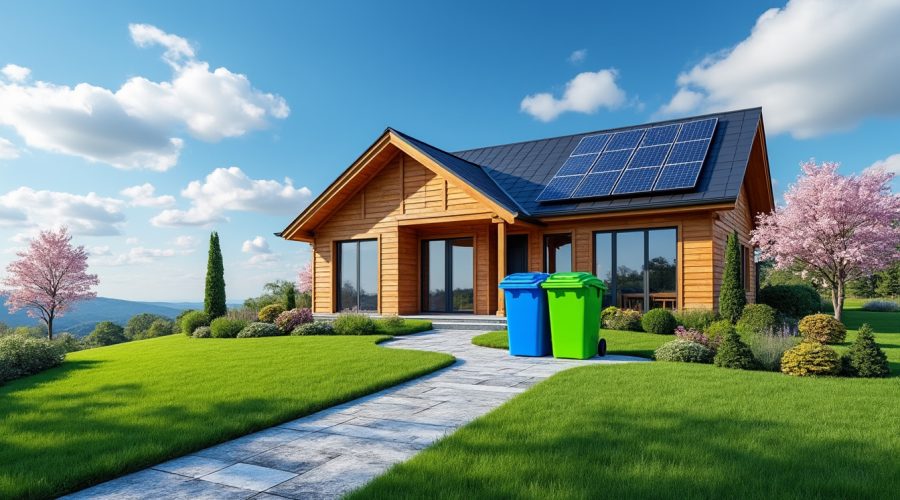 découvrez des conteneurs à déchets stratégiquement installés au pied d'une maison nouvellement construite, garantissant une gestion impeccable des déchets et une intégration harmonieuse dans l'environnement résidentiel.